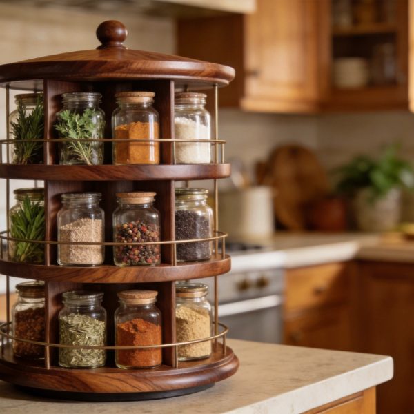 Rotating Wooden Spice Storage Rack